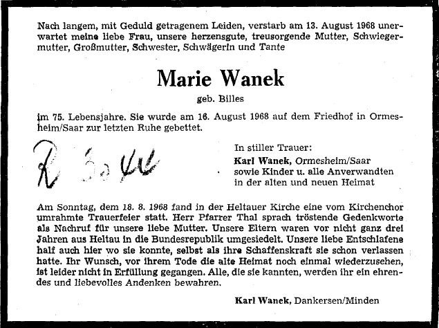 Billes Maria 1893-1968 Todesanzeige